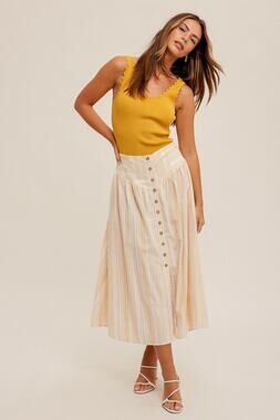 Button Front Smocked Back Multi Striped Midi Skirt